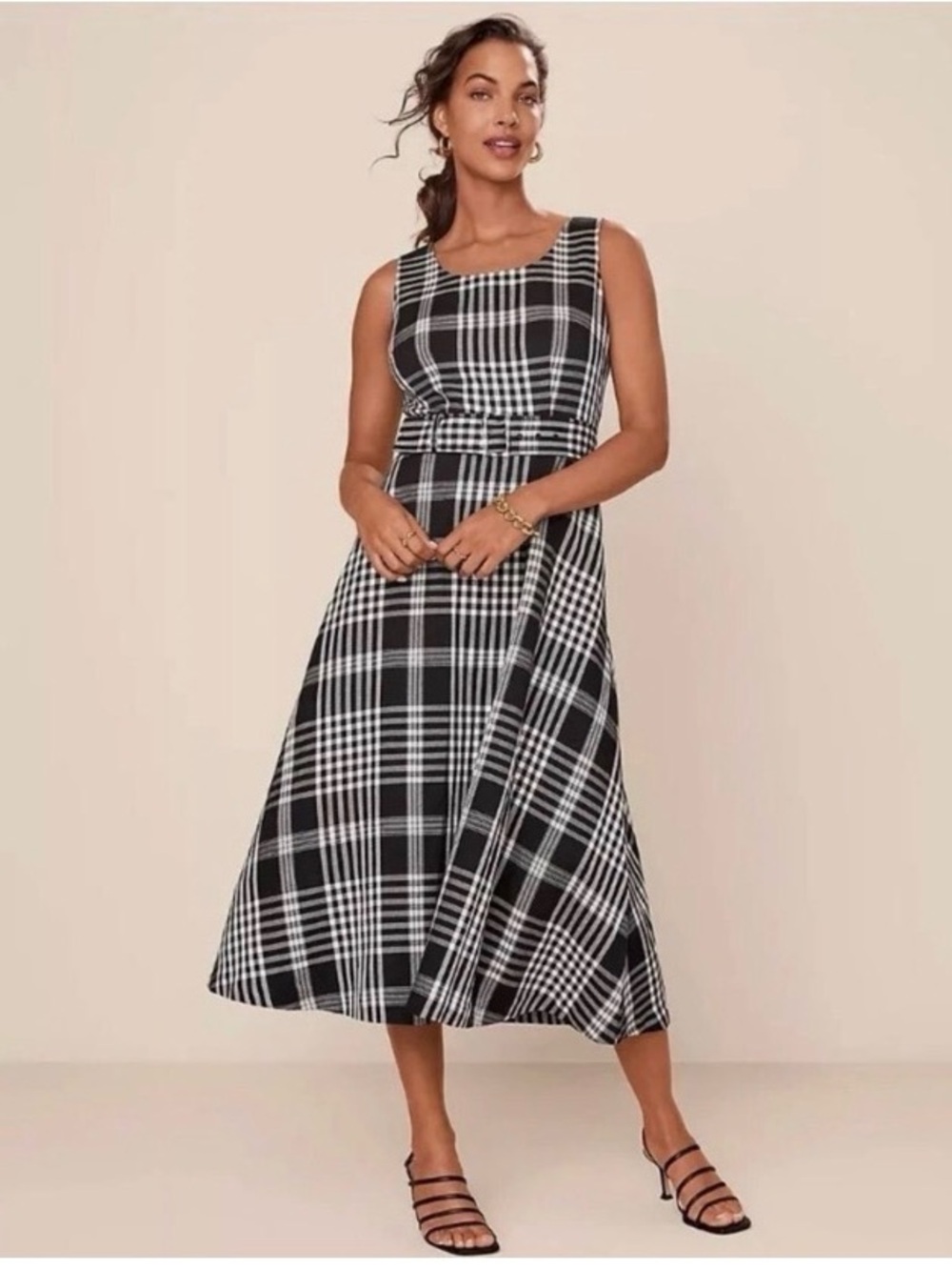 Ann Taylor Black White Linen Blend Midi Dress Belted Flare
Size 2 PRISTINE